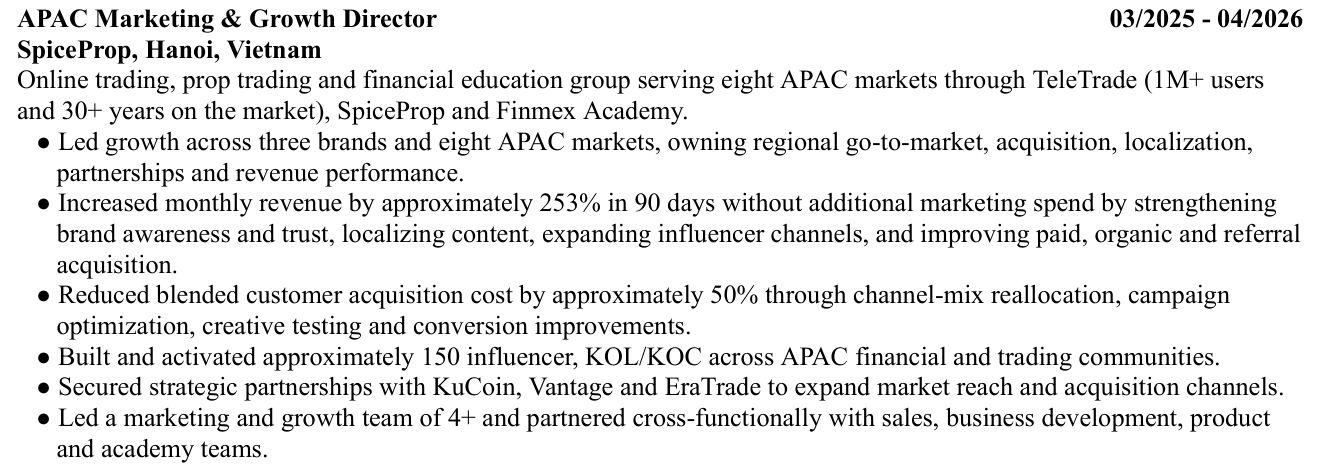 Original CV excerpt detailing my role and reported results at SpiceProp